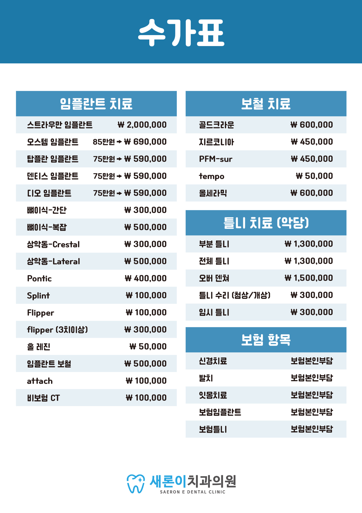 새론이치과의원 진료비 안내